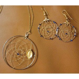 Handmade Thin Metal DREAMCATCHER Necklace & Earrings Set w/ Blue Beads & Leaf